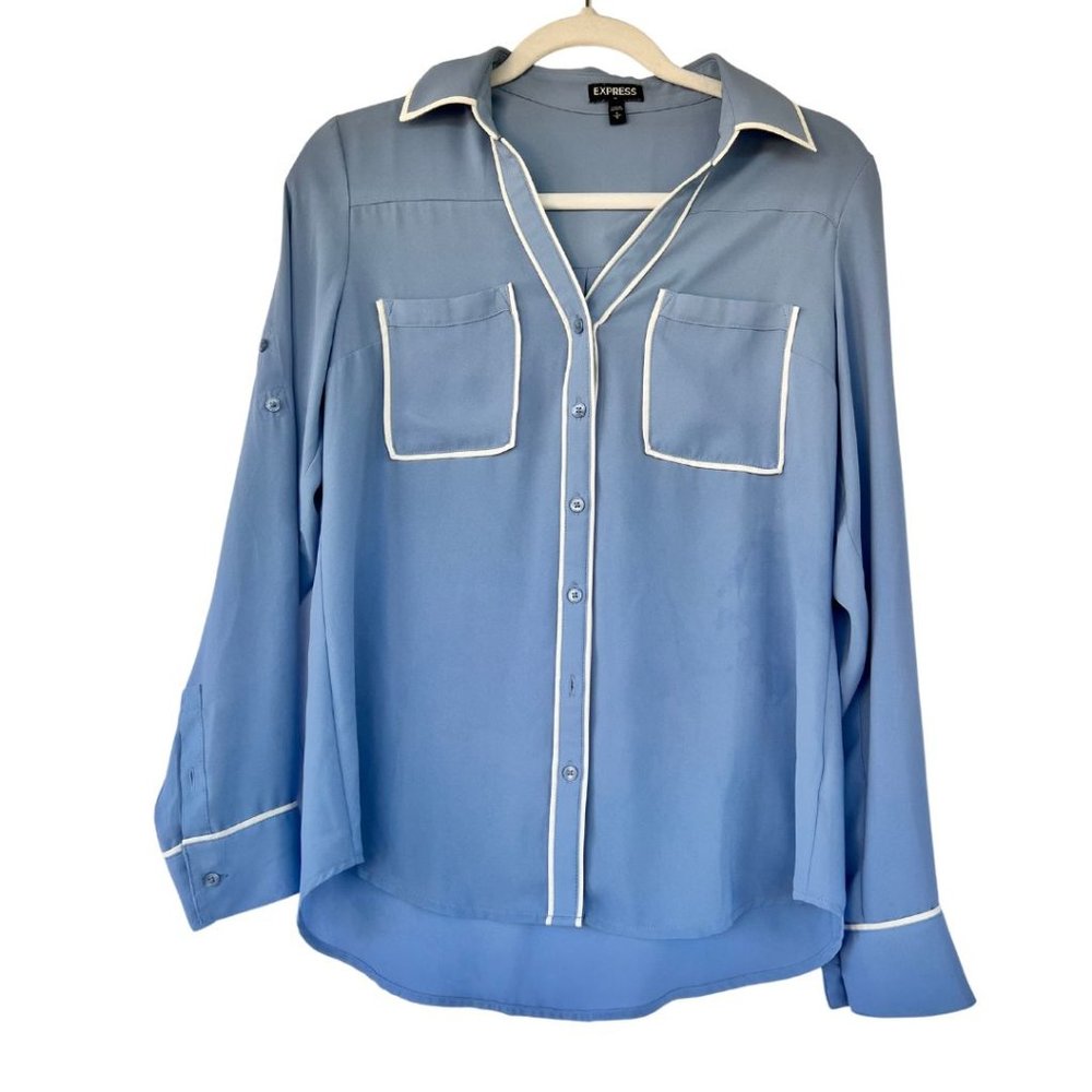 Vintage Express Baby Blue Long Sleeve Blouse With White Piping
